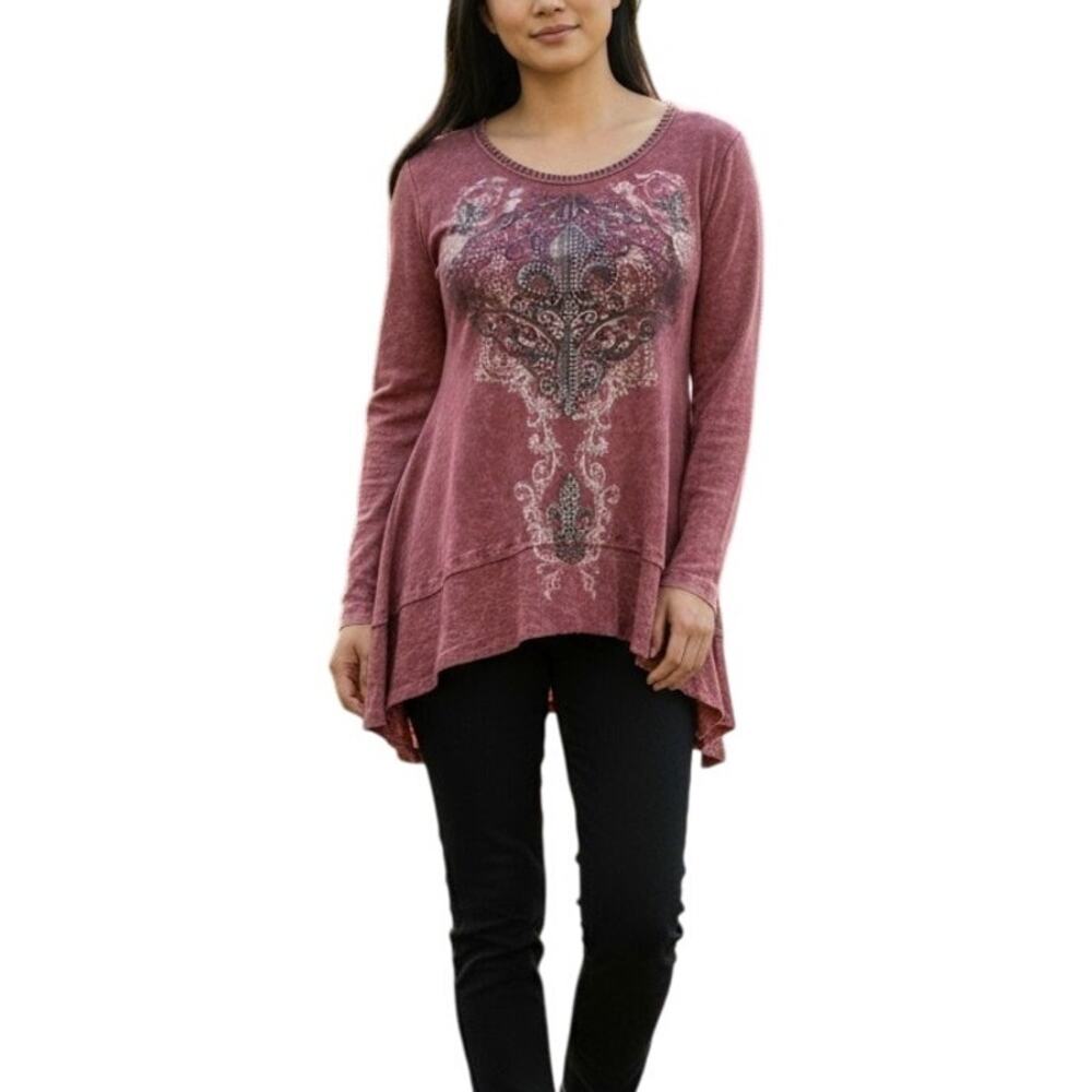 Vintage Vocal Maroon Rhinestone Tunic Womens Sz Small Long Sleeve Ribbed Grunge